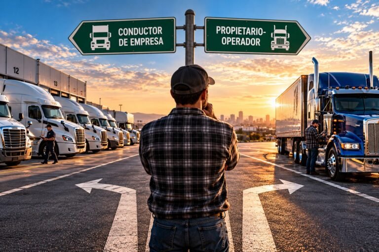 Camionero independiente o conductor de empresa: ¿qué camino profesional te conviene más? Conductor de espaldas ante un cruce con señales Conductor de empresa y Propietario-operador