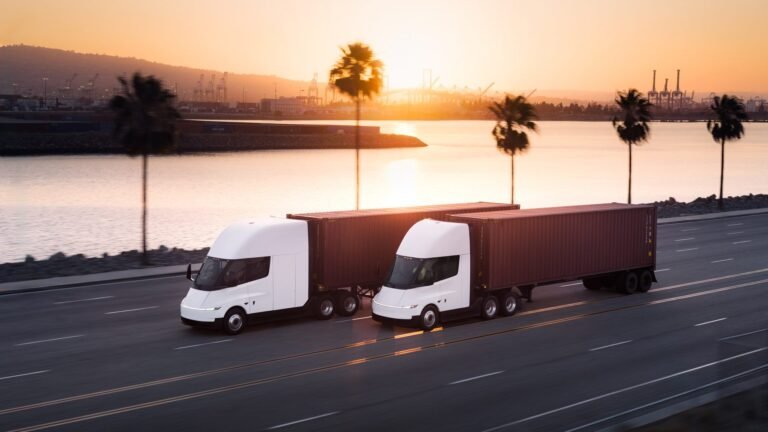 Tesla Semi 2026: el futuro eléctrico del transporte pesado comienza a tomar forma Dos Tesla Semi con contenedores circulando junto a un puerto al atardecer