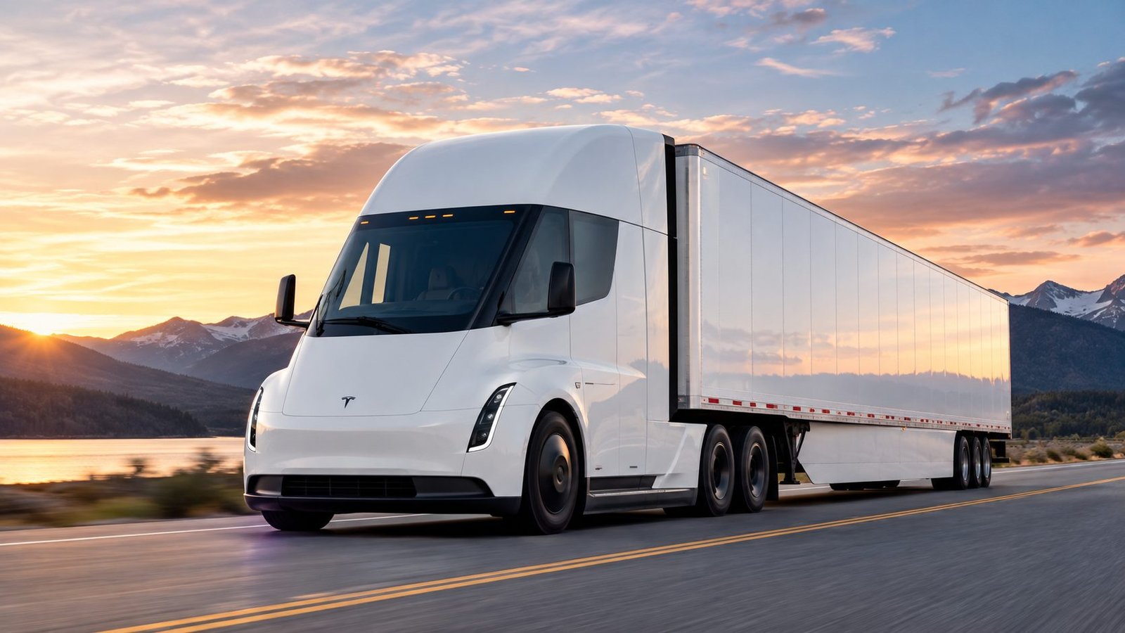 Tesla Semi con remolque circulando por una carretera al atardecer