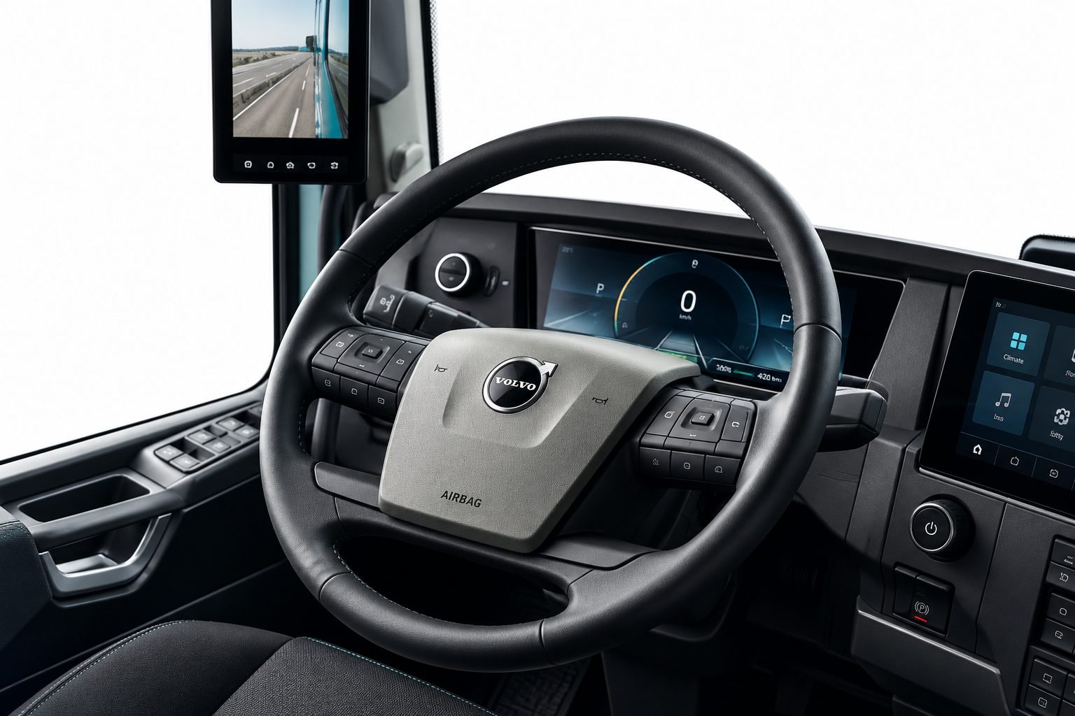 Puesto de conducción del Volvo FH con volante y pantallas digitales