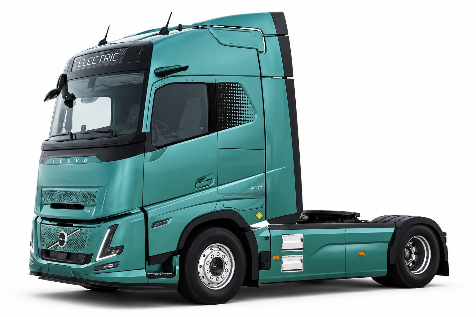 Tractor Volvo FH Aero Electric verde en estudio, vista tres cuartos frontal