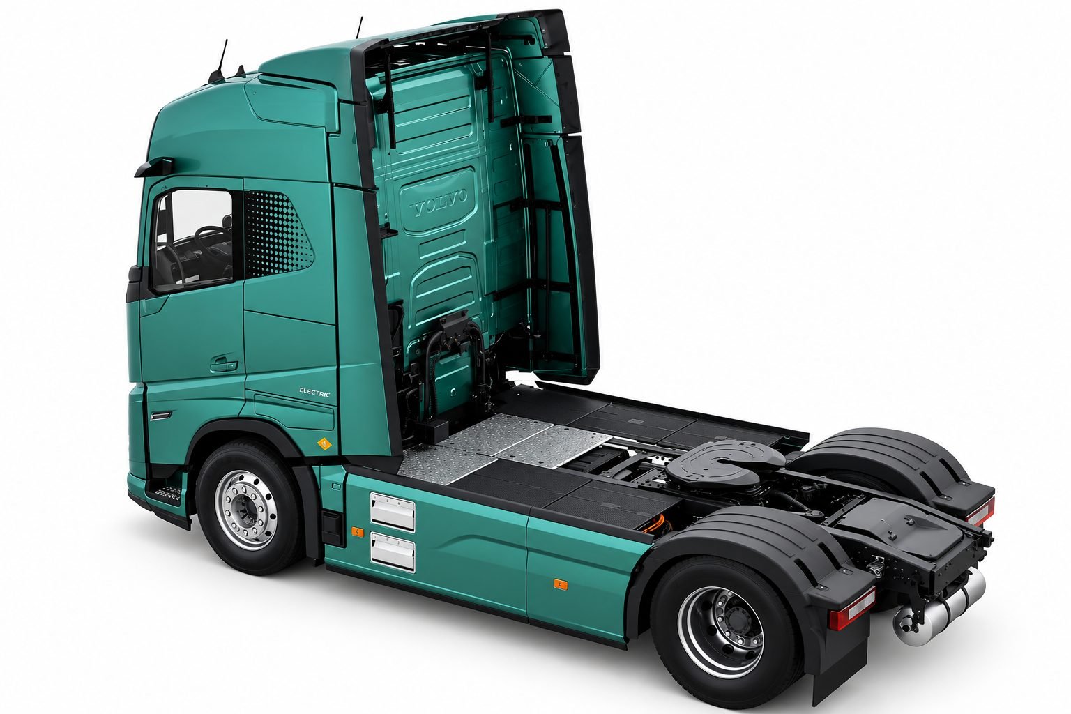 Tractor Volvo FH Aero Electric verde con el chasis visible, vista trasera tres cuartos