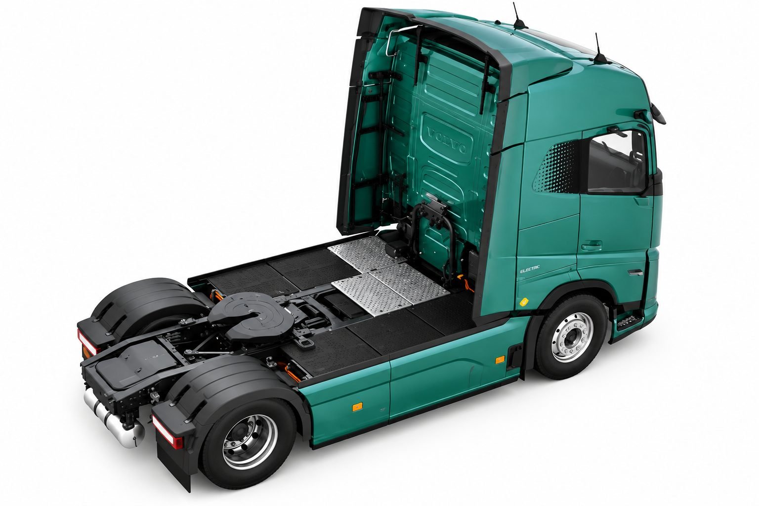 Tractor Volvo FH Aero Electric verde visto desde atrás en diagonal
