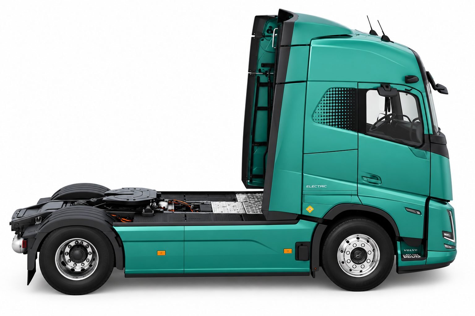 Tractor Volvo FH Aero Electric verde de perfil