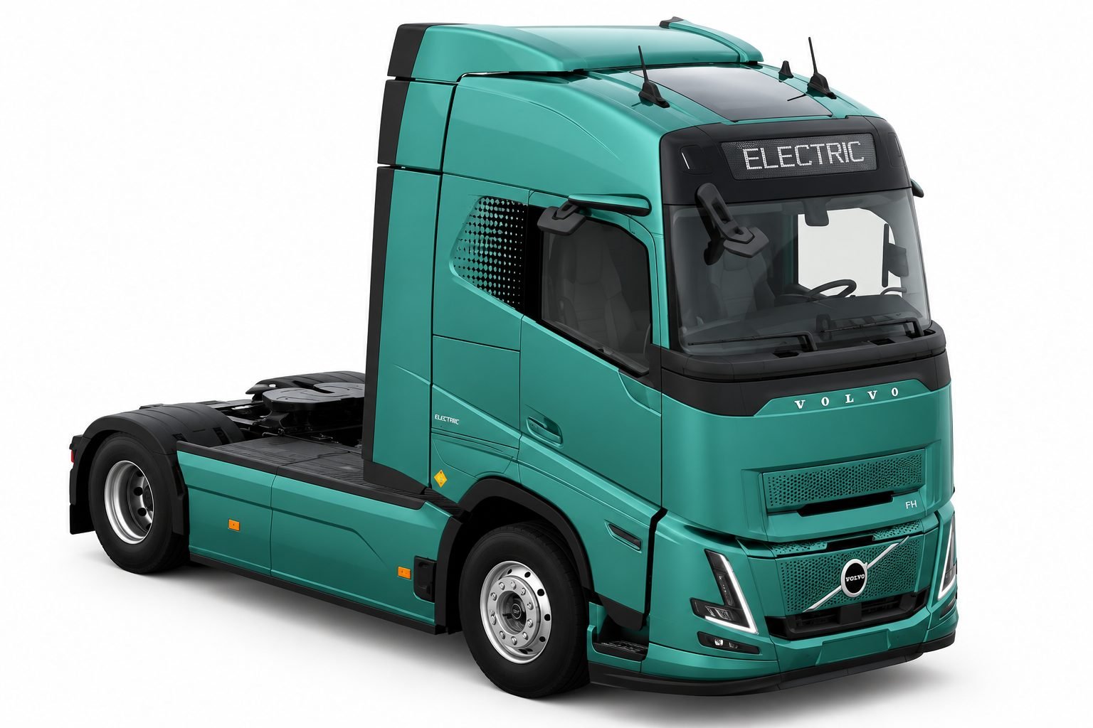 Frontal del Volvo FH Aero Electric verde con el rótulo Electric