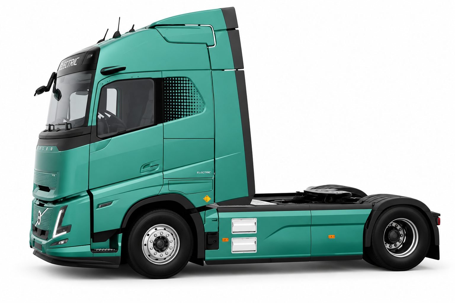 Tractor Volvo FH Aero Electric verde, vista lateral tres cuartos