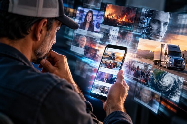 The cost of misinformation in the age of artificial intelligence Hombre con gorra consulta en su teléfono una avalancha de noticias, videos e imágenes en pantallas a su alrededor