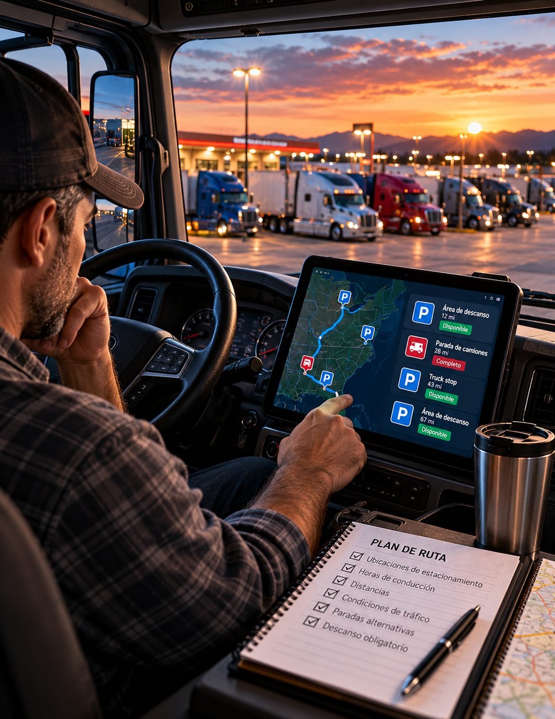 Conductor revisa en una tableta el mapa de estacionamientos dentro de su cabina