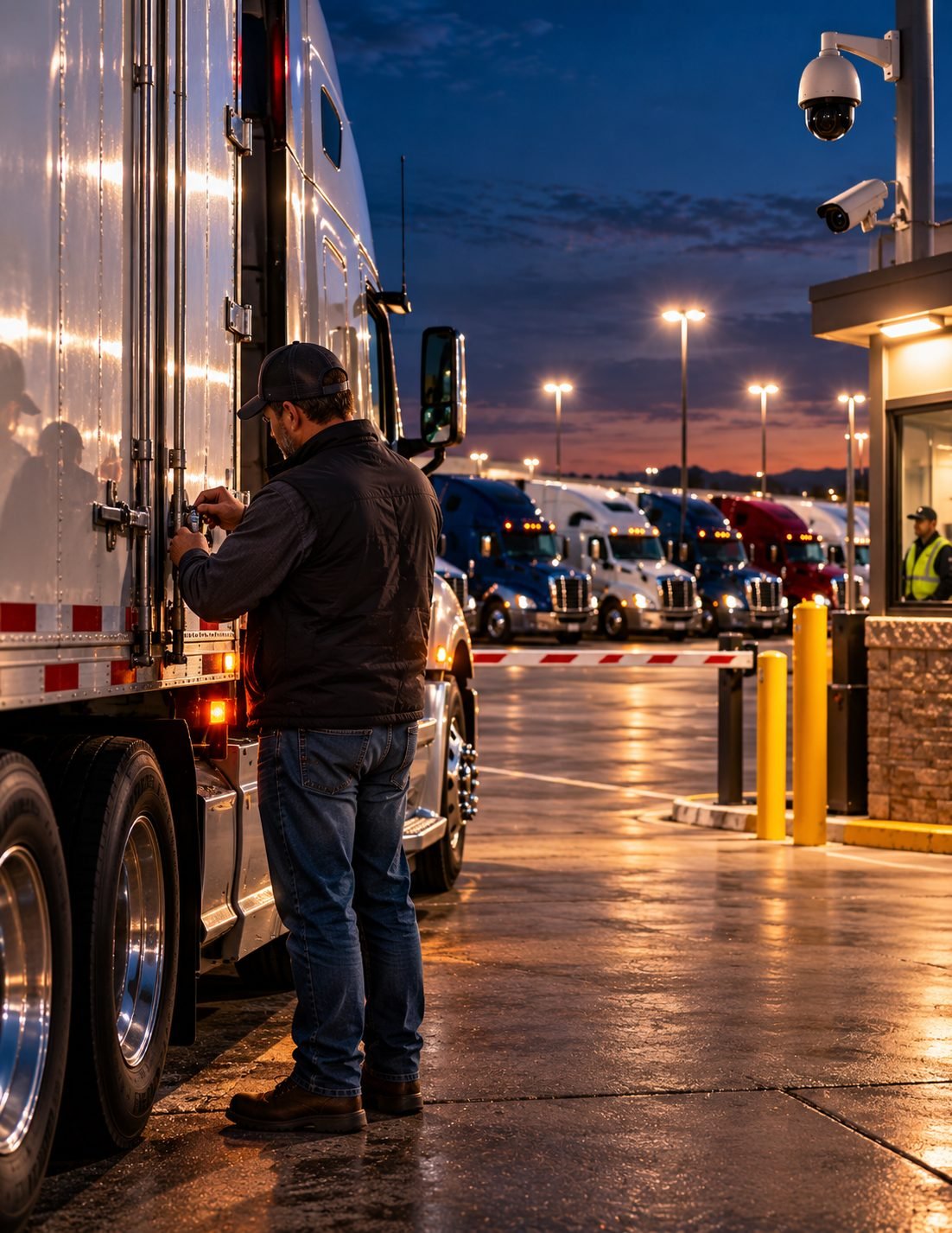 Conductor junto a su camión en una parada iluminada de noche