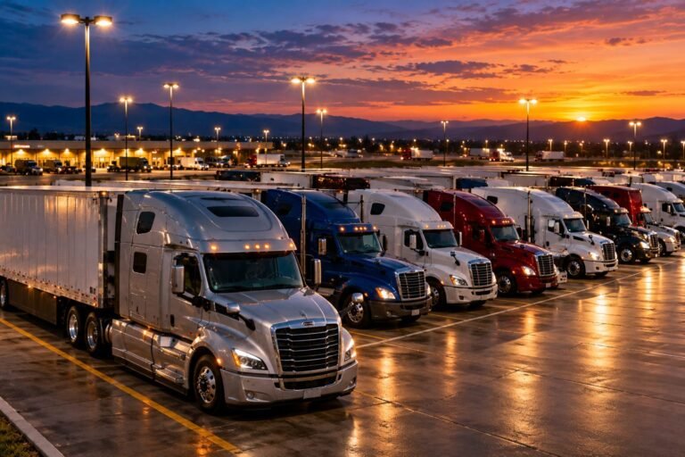 Tractocamiones estacionados en una parada de camiones al atardecer