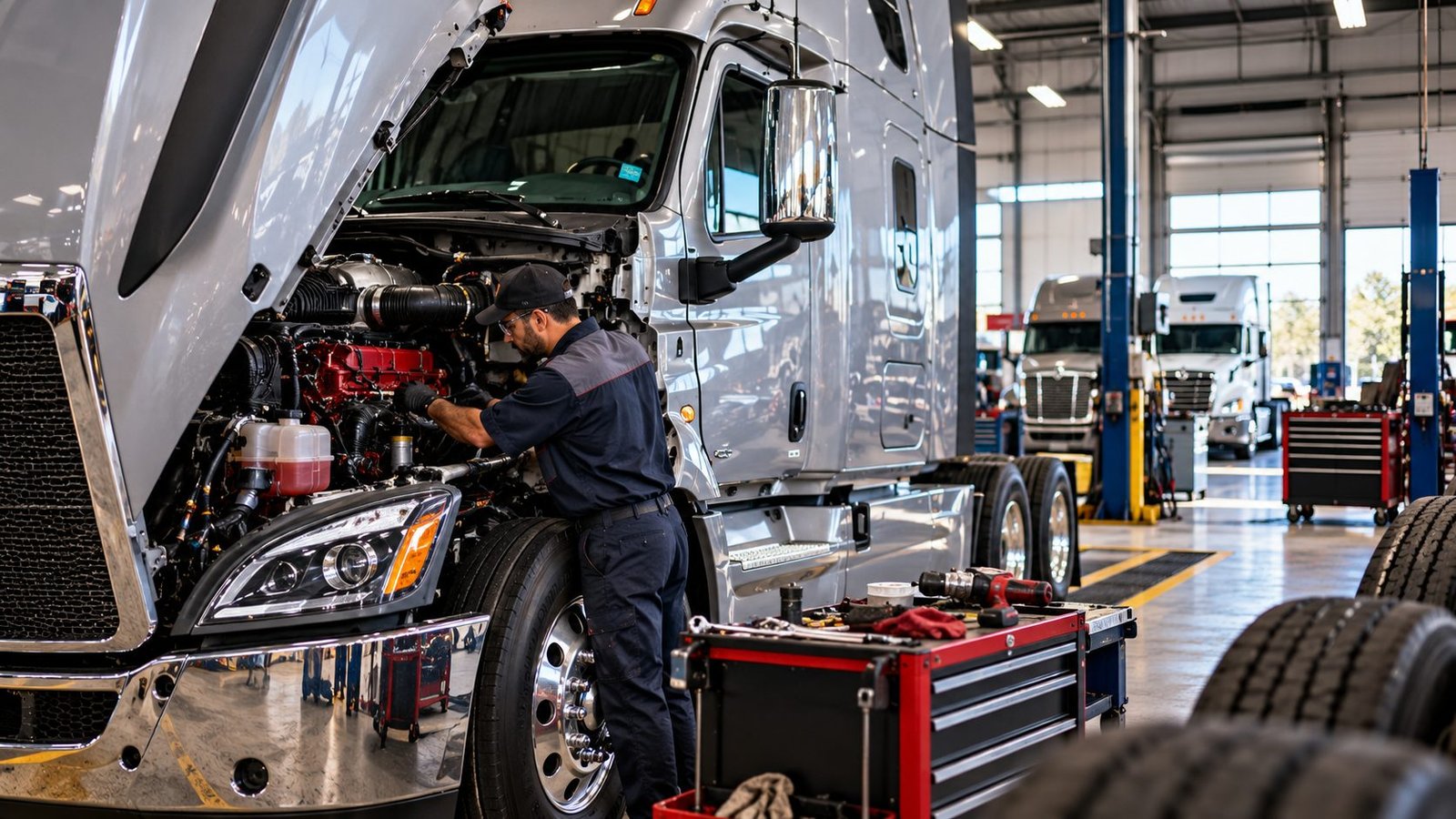 Mecánico revisa el motor de un tractocamión en un taller