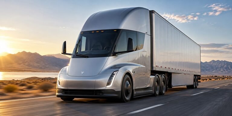 Tesla Semi inicia sus entregas: lo que deben saber las empresas de transporte Tesla Semi plateado circulando por una carretera del desierto al atardecer