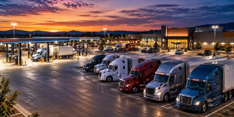Las nuevas paradas de camiones: cómo la tecnología transforma la vida en carretera Vista aérea de una parada de camiones con tractocamiones estacionados y la gasolinera iluminada al atardecer