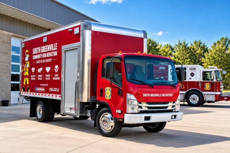 Isuzu dona un camión N-Series NRR para impulsar la prevención de incendios en Greenville Camión Isuzu N-Series NRR rojo con caja del South Greenville Community Risk Reduction junto a un camión de bomberos