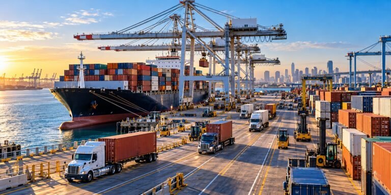 Puertos y transporte de mercancías: cómo se preparan los grandes centros logísticos de Estados Unidos Terminal portuaria con grúas, contenedores, un buque de carga y camiones circulando al atardecer