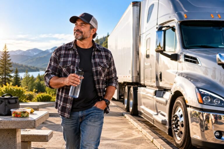 El motor más importante eres tú: cómo cuidar tu salud y envejecer mejor al volante Conductor con gorra y botella de agua de pie junto a su tractocamión al aire libre
