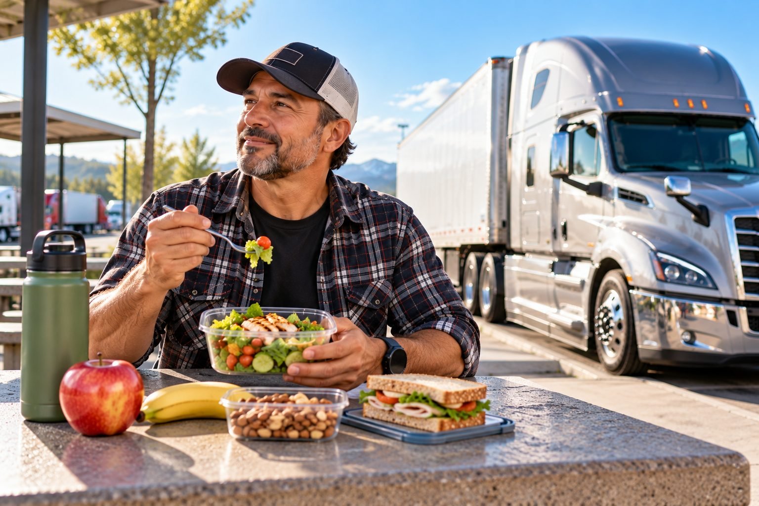 Conductor comiendo una ensalada en una mesa al aire libre junto a su camión