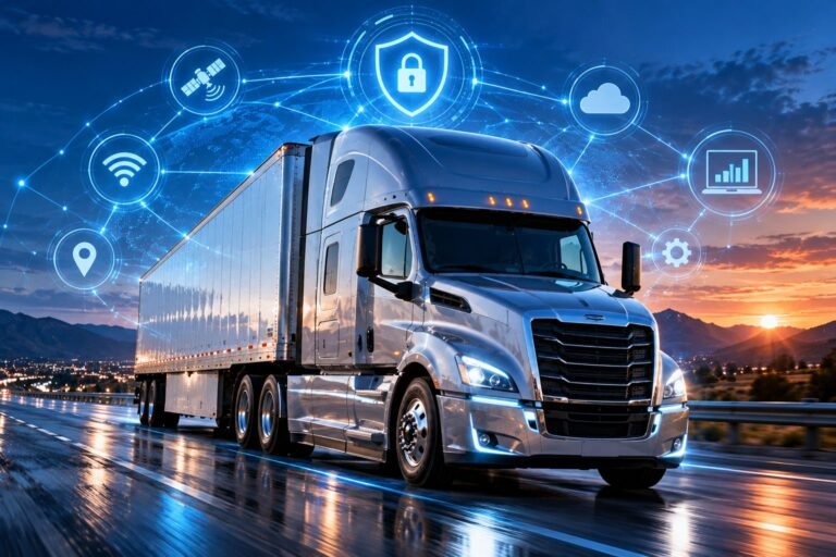 Ciberseguridad sobre ruedas: cómo proteger los camiones modernos y las flotas conectadas Tractocamión en una carretera nocturna rodeado de iconos digitales de conectividad y seguridad