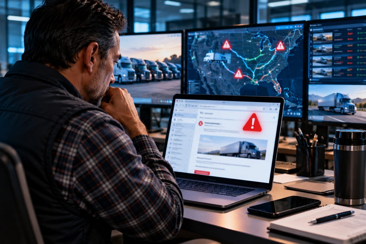 Hombre frente a una laptop con una alerta de seguridad en la pantalla