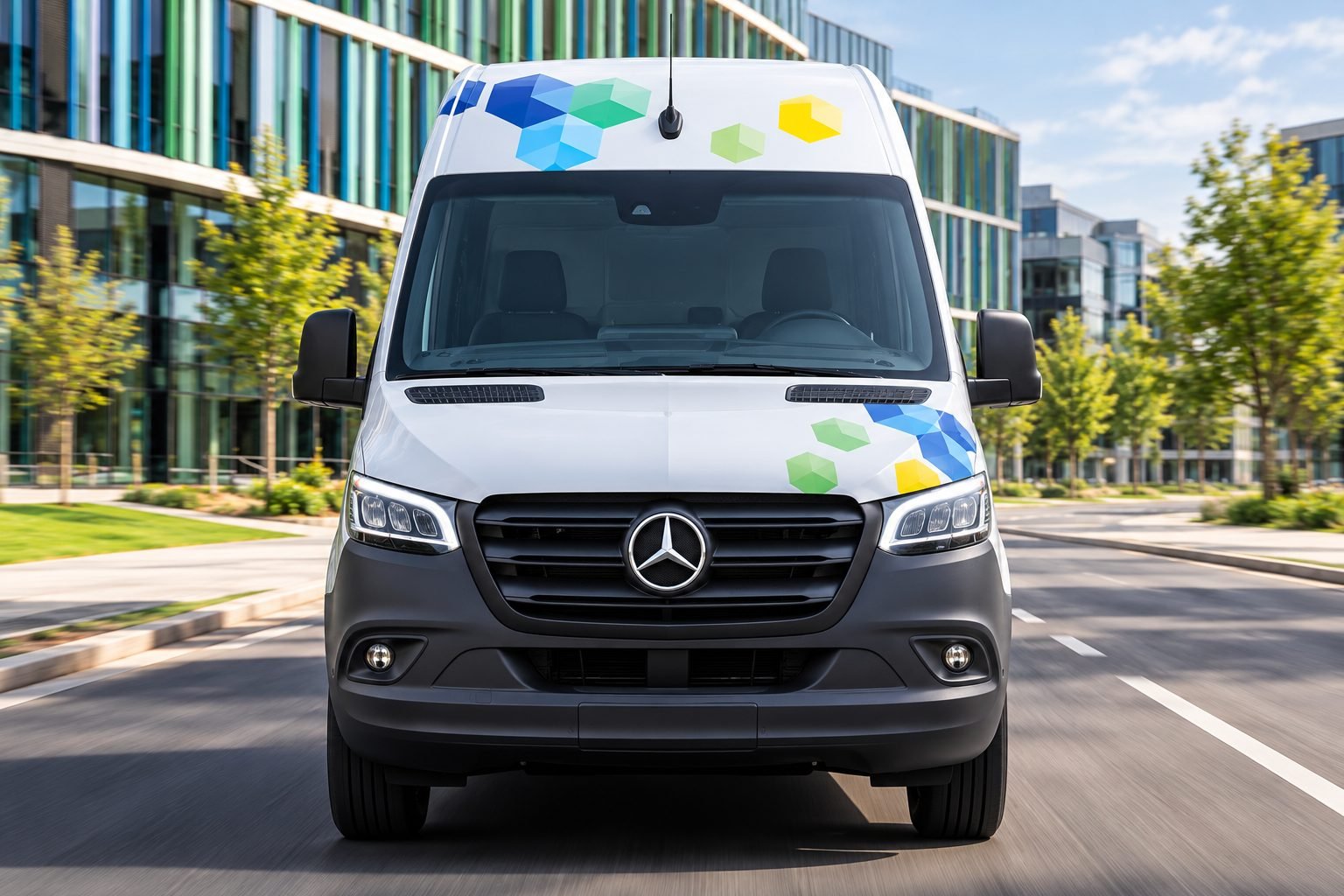 Vista frontal de una Mercedes-Benz eSprinter blanca con gráficos de cubos de colores