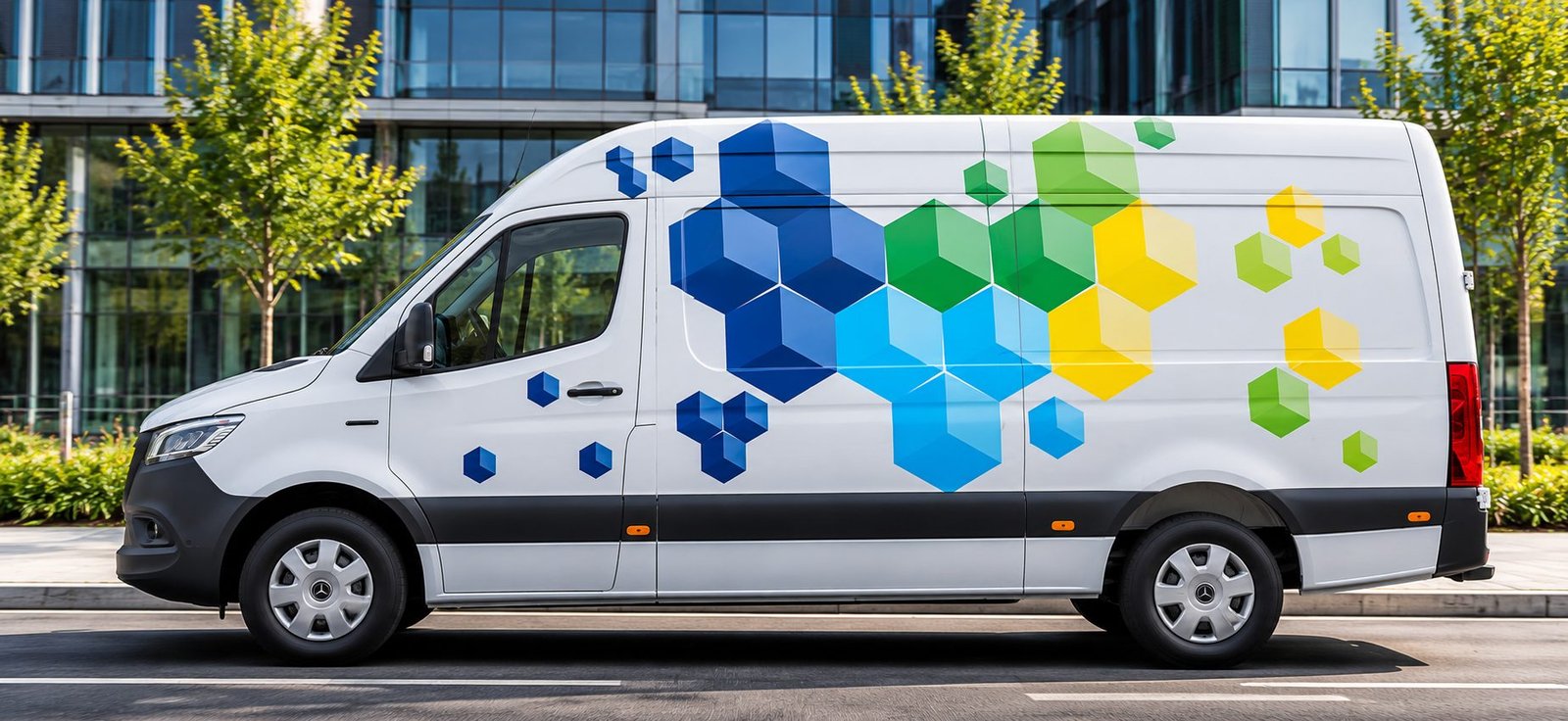 Mercedes-Benz eSprinter blanca con gráficos de colores de perfil en una calle