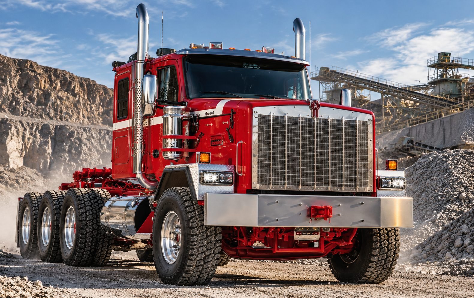 Kenworth C580 rojo en una cantera, vista frontal tres cuartos