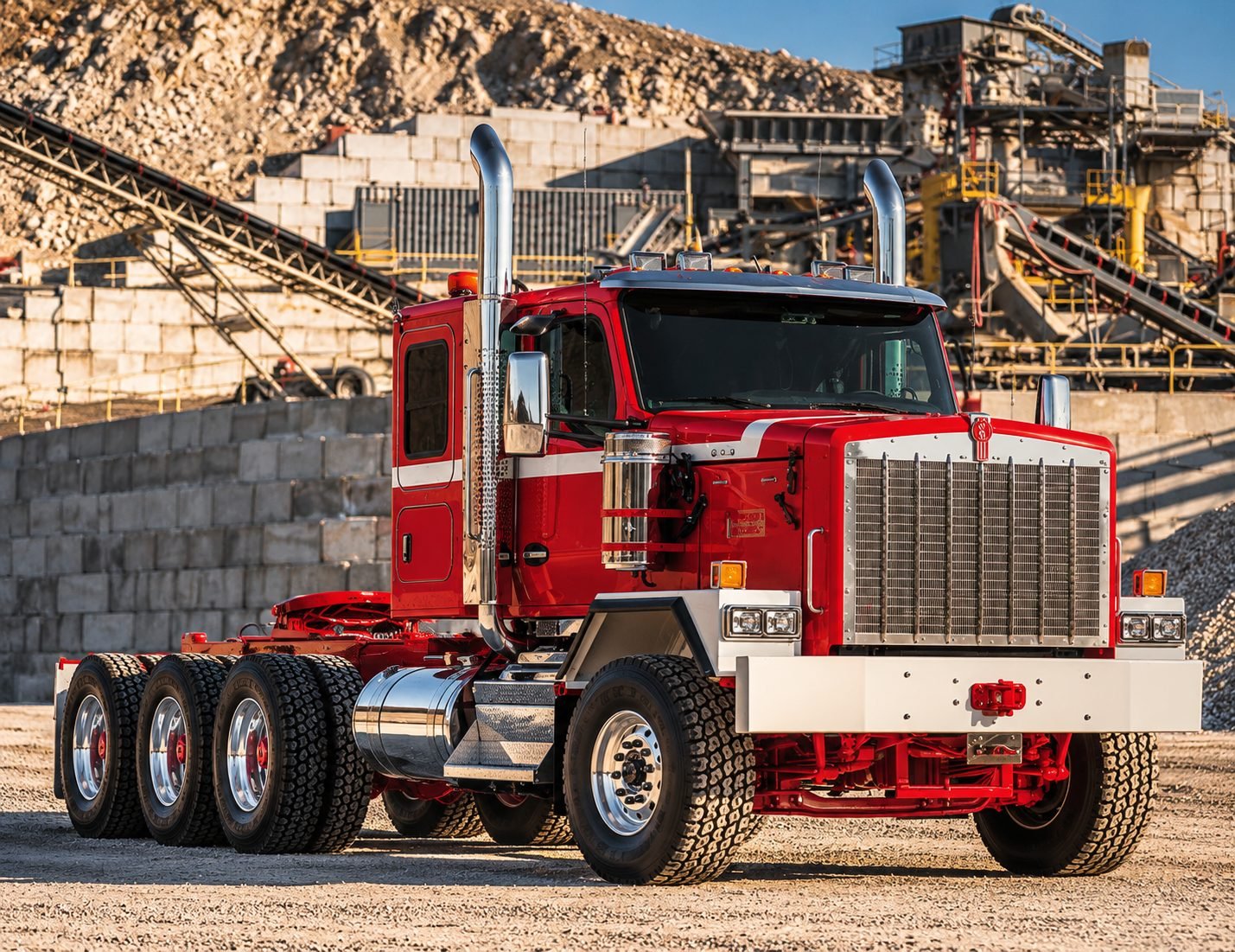 Kenworth C580 rojo con cuatro ejes traseros en una planta de áridos